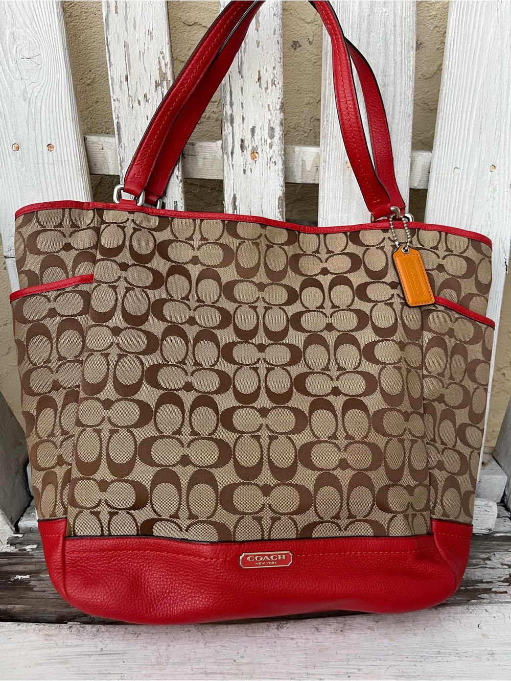Coach Park Signature Carrie Tote Khaki Brown Monogram Red Leather Shoulder Bag